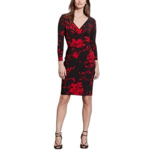 Lauren Ralph Lauren Ruched Floral Sheath Dress Black/Red Midi Classic